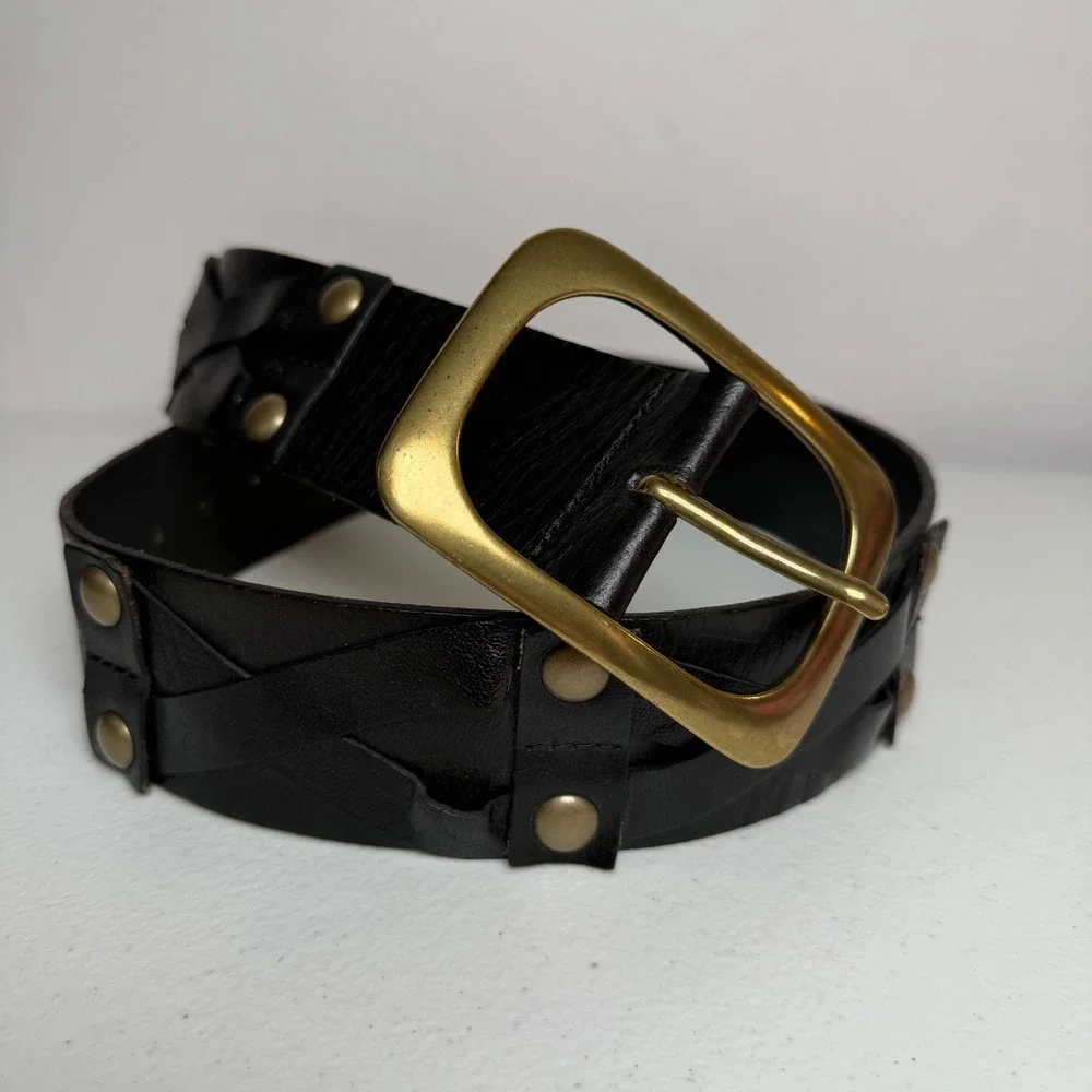 Linea Pelle Black Genuine Leather Stud Belt LPWD06508 Medium